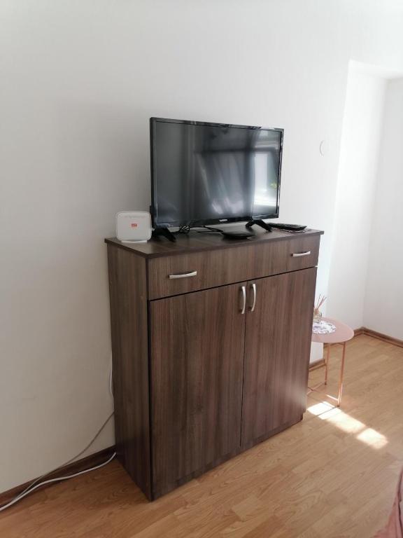 a tv on top of a wooden cabinet at Flowers Apartment Tuzla in Tuzla