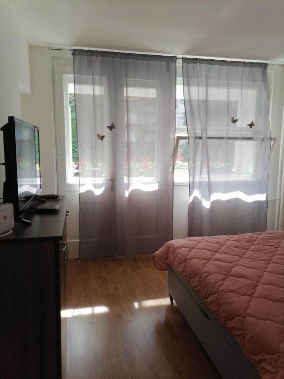 a bedroom with a bed and a desk and windows at Flowers Apartment Tuzla in Tuzla