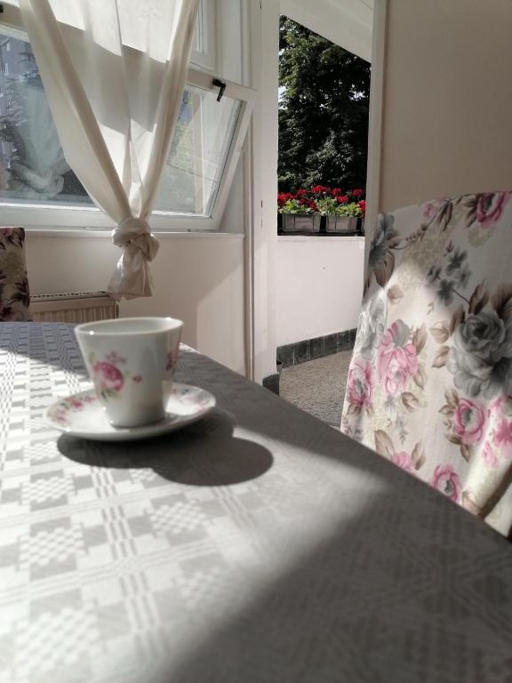 a coffee cup sitting on a table in a room at Flowers Apartment Tuzla in Tuzla