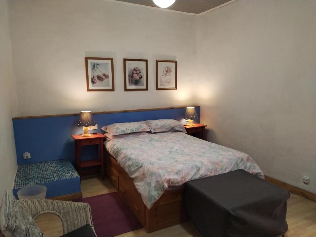 1 dormitorio con 1 cama, 2 mesas y 2 lámparas en Can Penjarella I, en Arbúcies