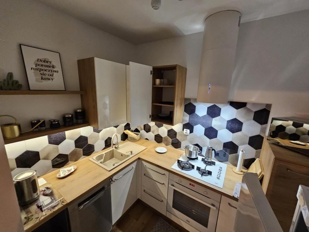 a kitchen with a sink and a counter top at Apartament w Centrum in Żuromin