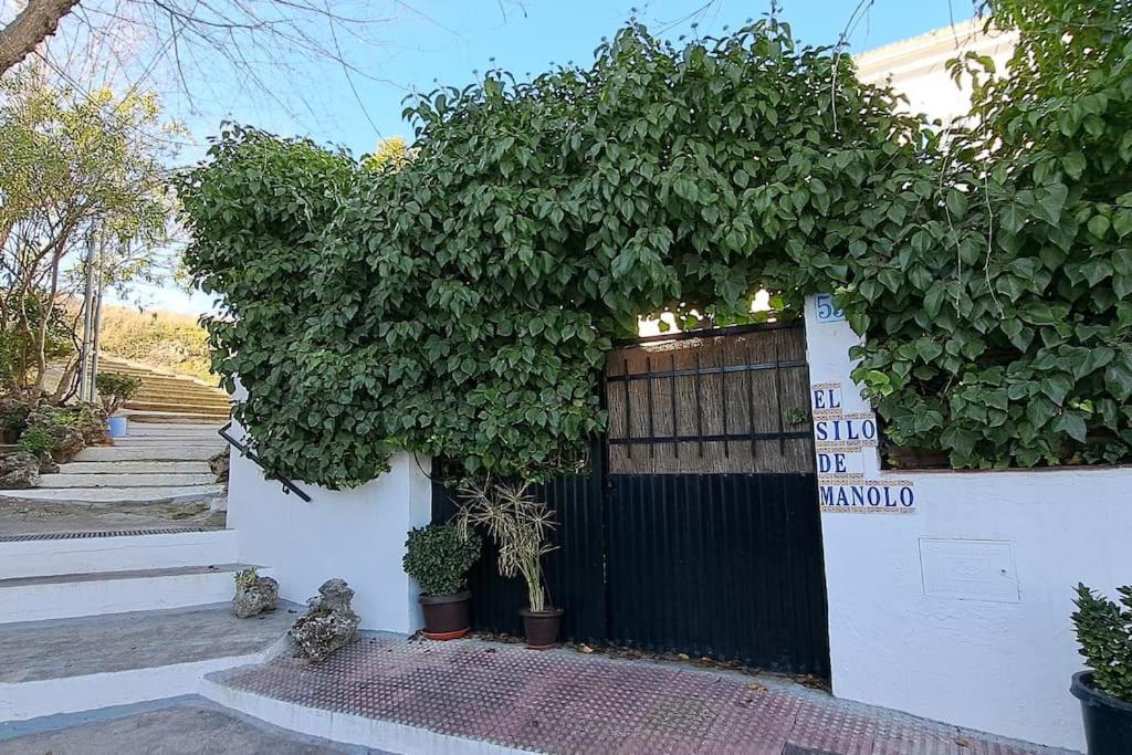 een zwarte poort met planten op een witte muur bij El Silo de Manolo in Romeral