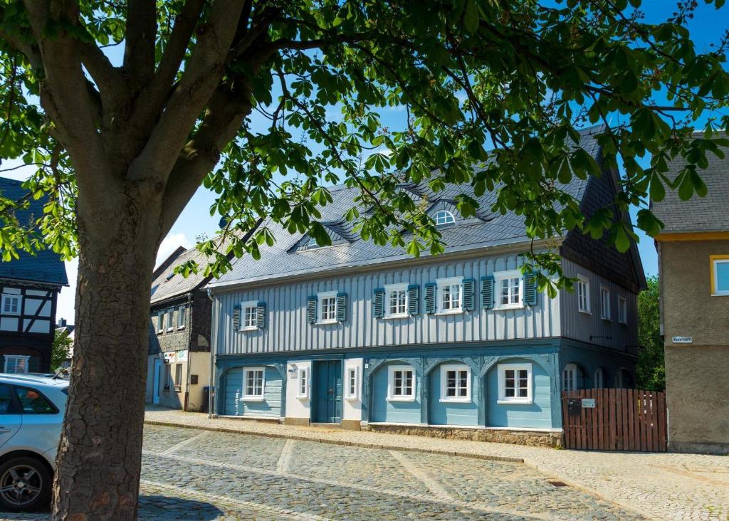 een blauw-wit gebouw met een boom bij Marktquartier 5 in Neusalza-Spremberg