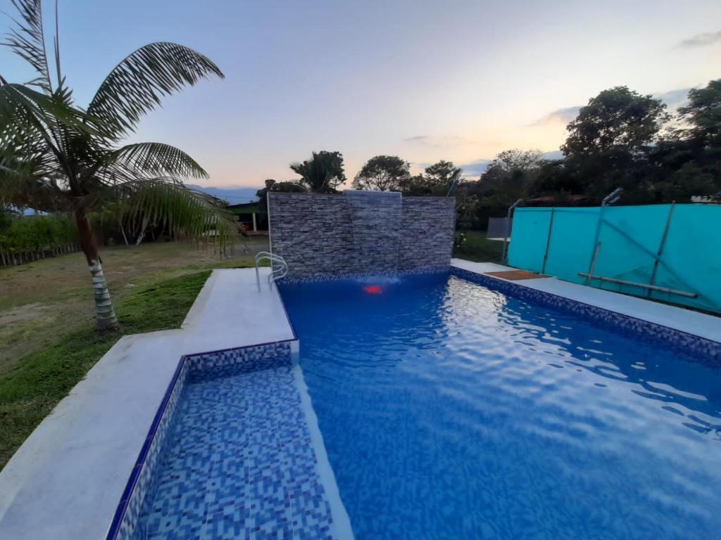 a swimming pool with blue water and a palm tree at Casa de campo para 10 personas in Ibagué