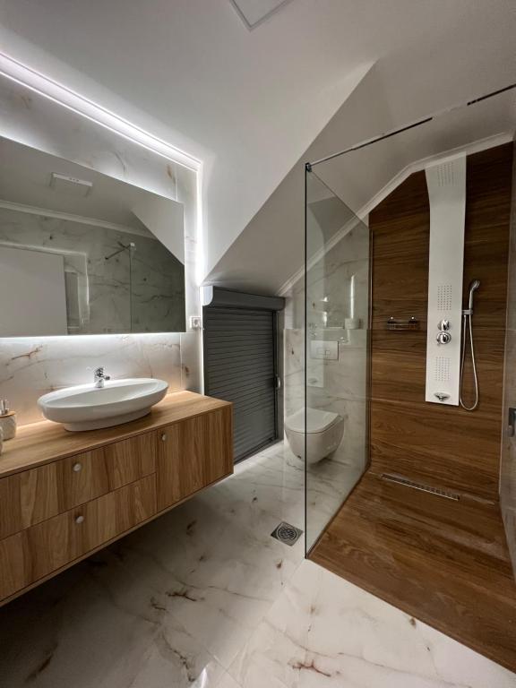 a bathroom with a sink and a glass shower at Kali Apartments in Bitola