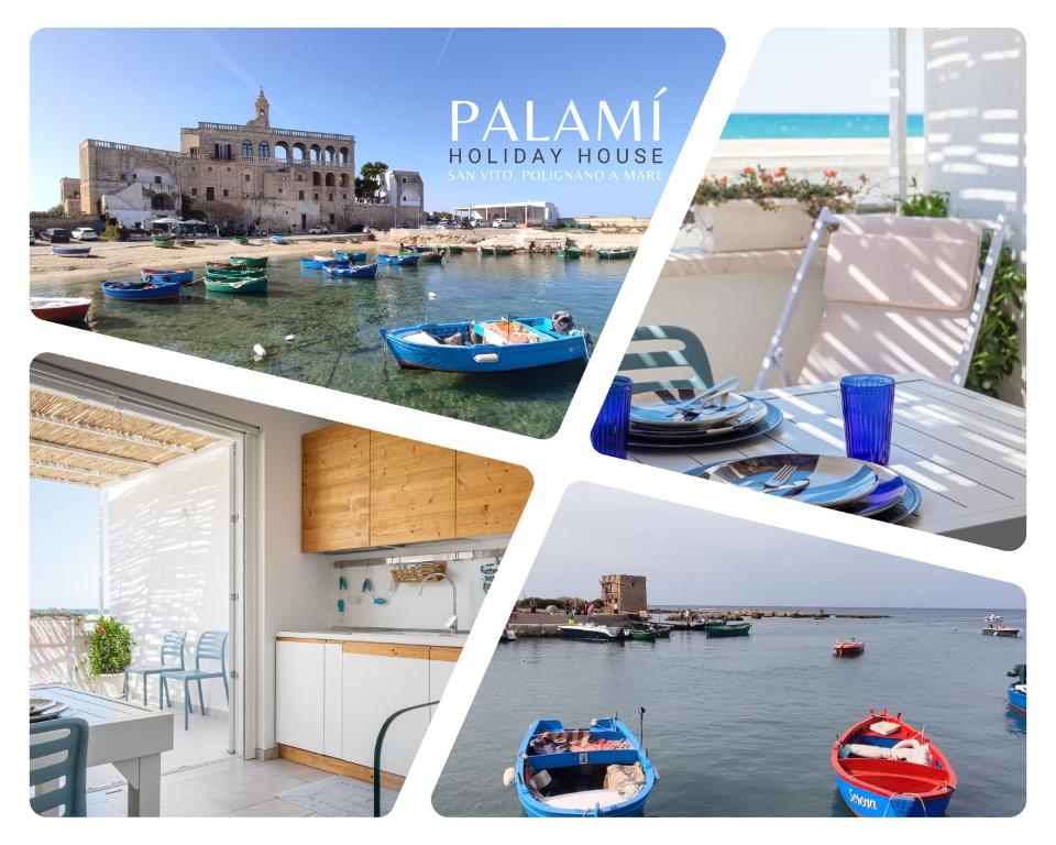 een collage van foto's van een huis met boten op het water bij Palamì - Polignano a Mare Holiday House in Polignano a Mare