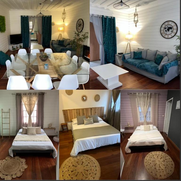 un collage de quatre photos d'un salon dans l'établissement Le Calbanon cilaos, à Cilaos