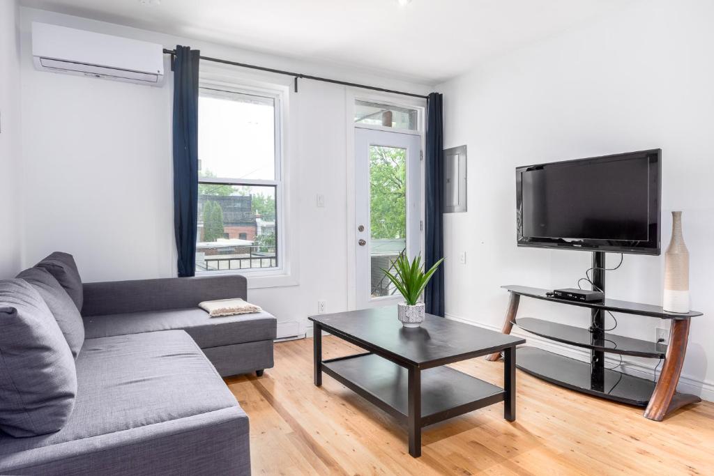 a living room with a couch and a tv at AAA Location - Bright and Cozy Apartment in Montréal