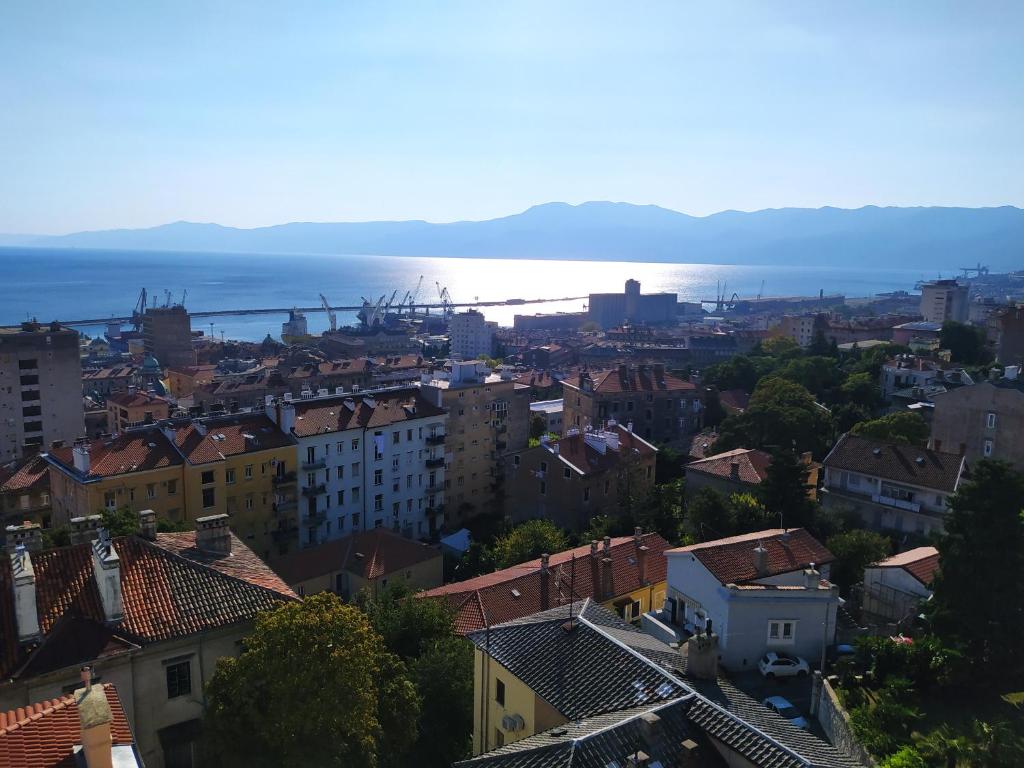 a view of a city with the ocean in the background at Aquamare Apartment in Rijeka