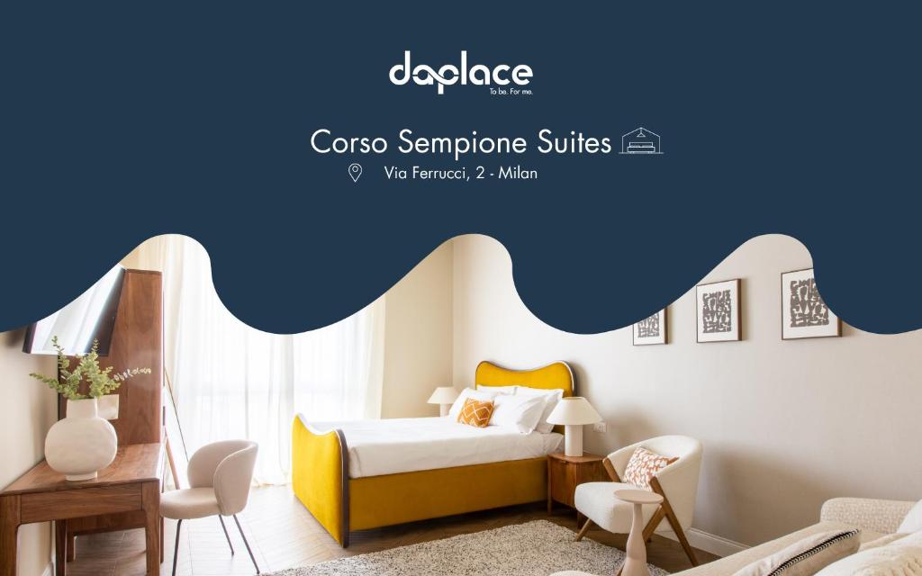 Daplace - Corso Sempione Suites في ميلانو: غرفة نوم بسرير مع جدار ازرق