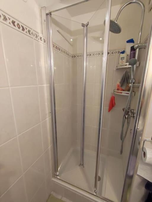 a shower with a glass door in a bathroom at Charmant appartement à Sainte Marie la mer (66470) in Sainte-Marie-Plage