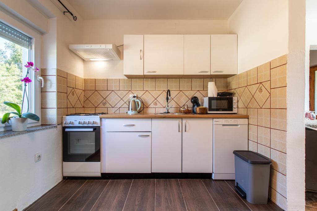 a kitchen with white cabinets and a stove top oven at Lucija in Lovinac