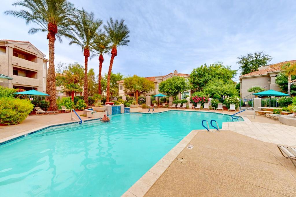 a large swimming pool with palm trees and buildings at Live, Work, Play in Ahwatukee in Phoenix