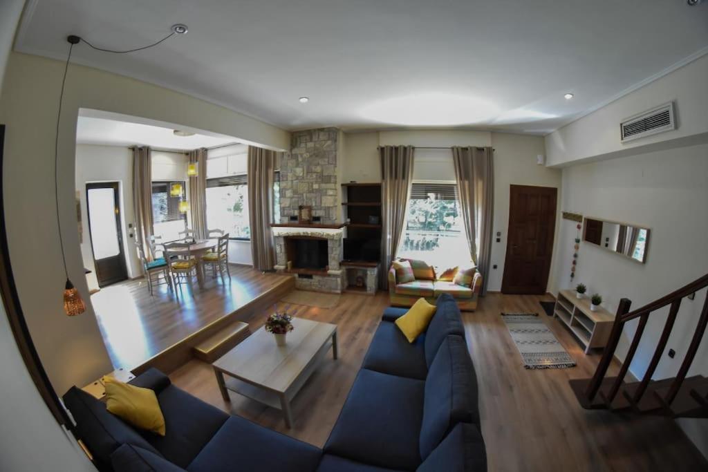 a living room with a blue couch and a table at Lake Plastira Lodge in Kalyvia