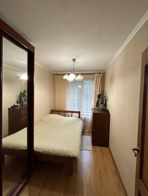 um quarto com uma cama e um espelho grande em Weendrush Apartment 21 