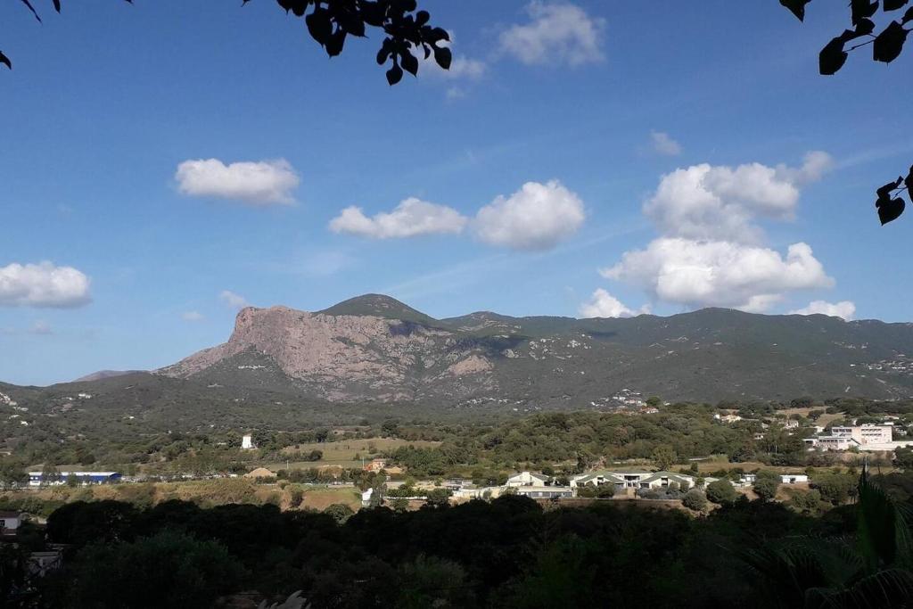Une montagne au loin avec des maisons et des arbres dans l'établissement Bas de villa F3 proche Ajaccio, à Cuttoli-Corticchiato