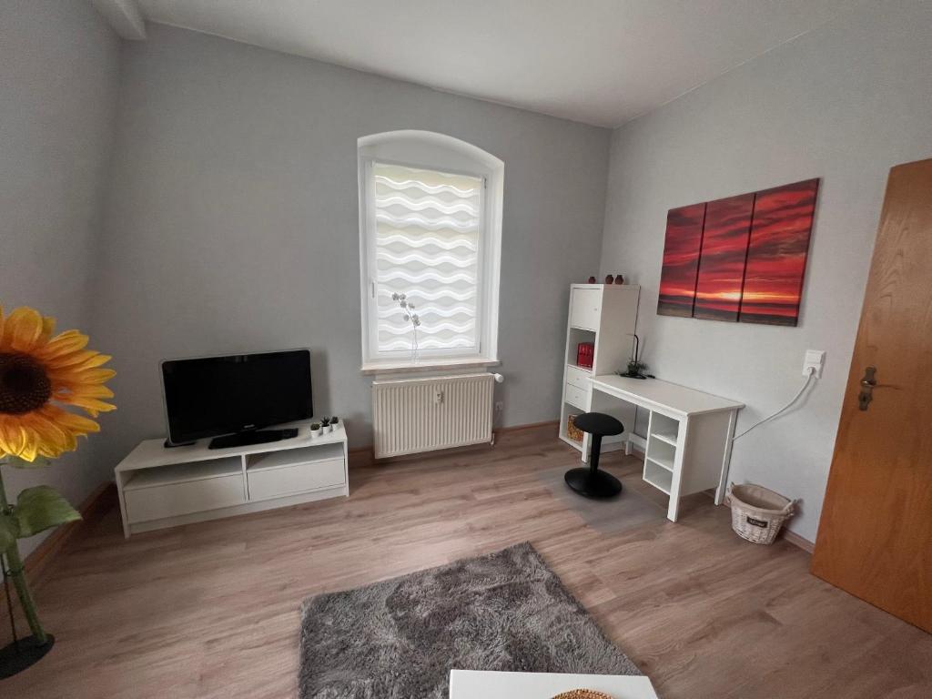 a living room with a flat screen tv and a window at FEWO An der Linde Mülsen in Mülsen