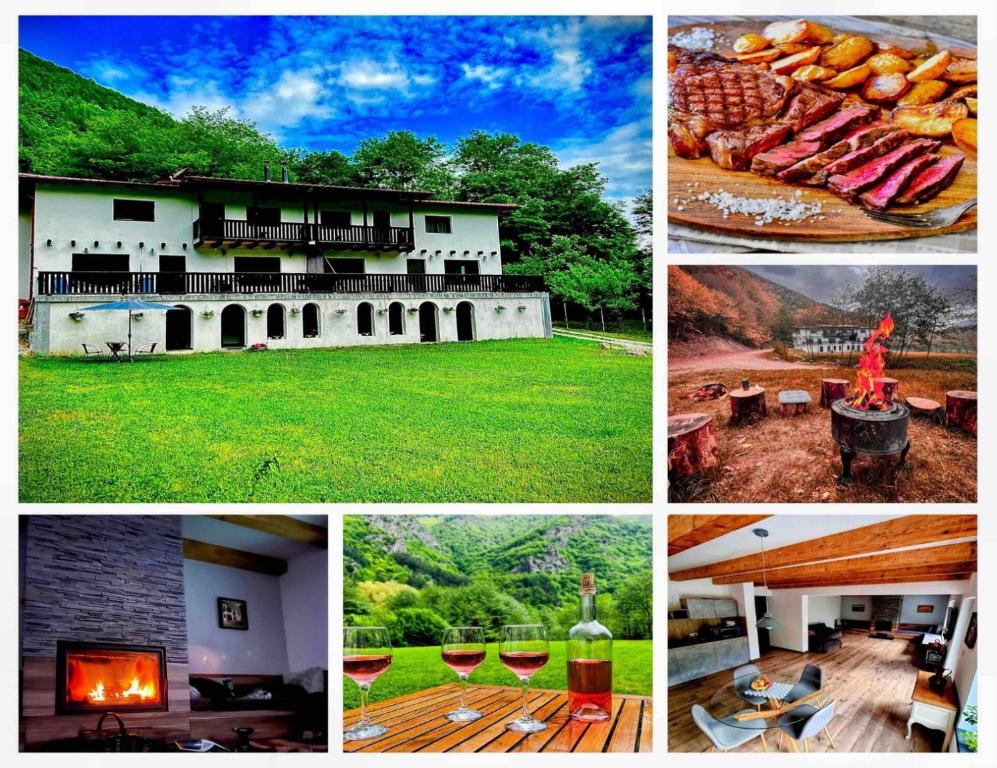 a collage of pictures of a house and a yard at La Izvoare in Clopotiva