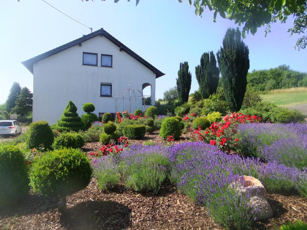 a garden in front of a house with flowers at Ferienwohnung Hochwald in Beuren