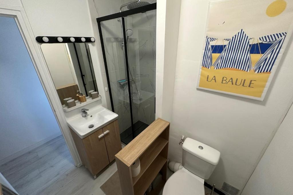 a bathroom with a toilet and a sink and a mirror at Studio with balcony - 2 min beach and AquaBaule in La Baule