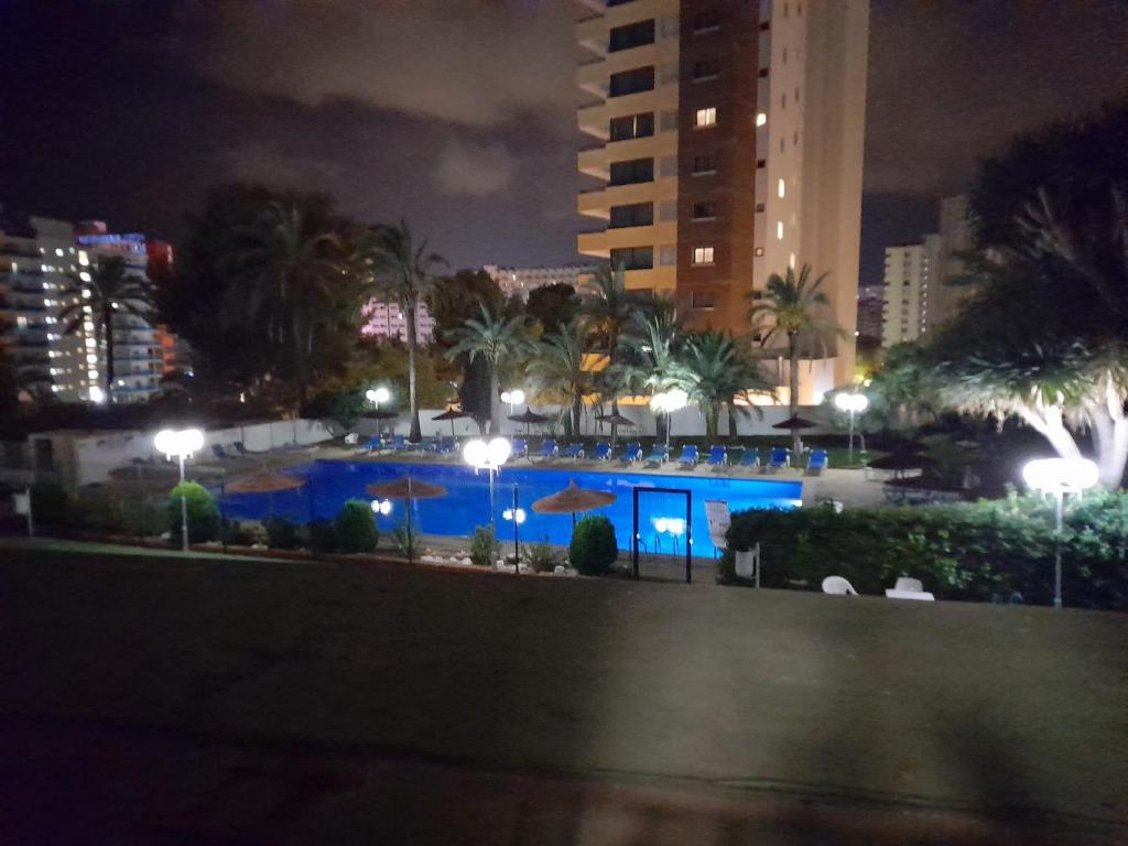 a view of a swimming pool at night at apartament bermudas in Benidorm