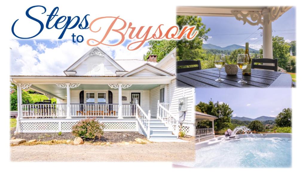 una casa con piscina e le parole che passano per bypass di STEPS TO BRYSON - MTN VIEWS, HOT TUB, FIREPIT, WALK TO TOWN! a Bryson City