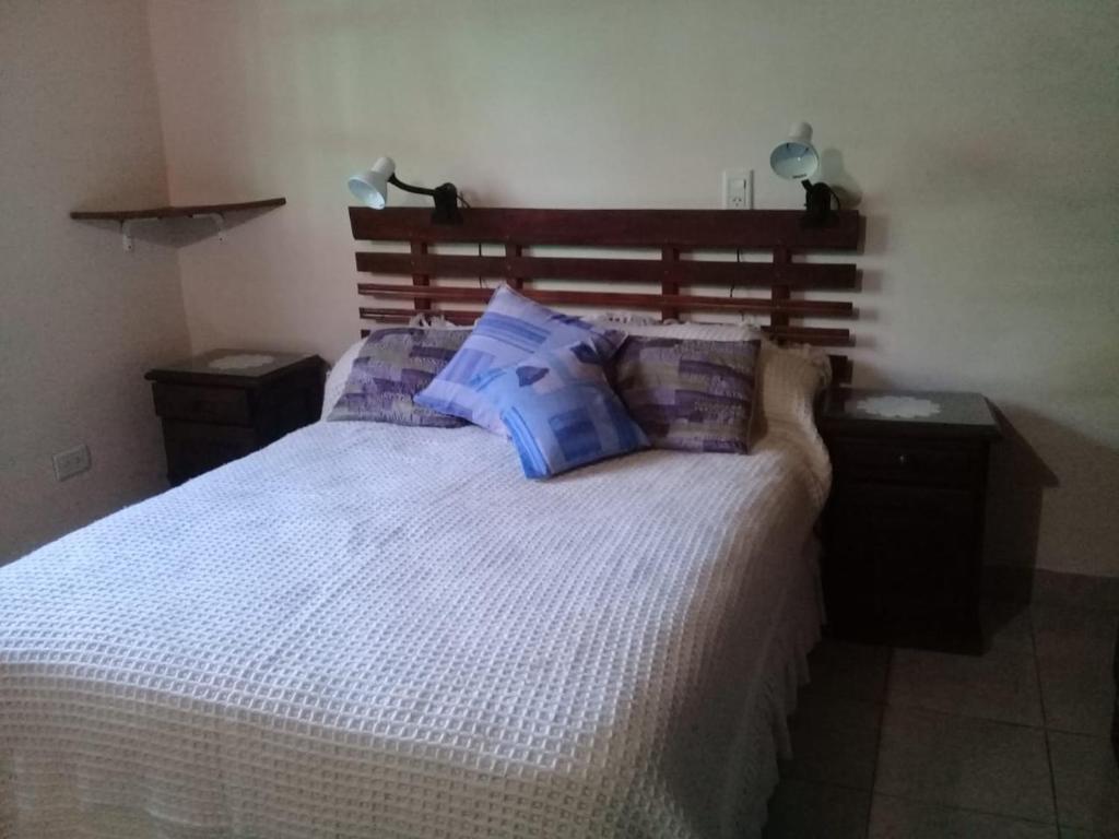 a bedroom with a large white bed with blue pillows at La rana alquiler temporal in Reyes