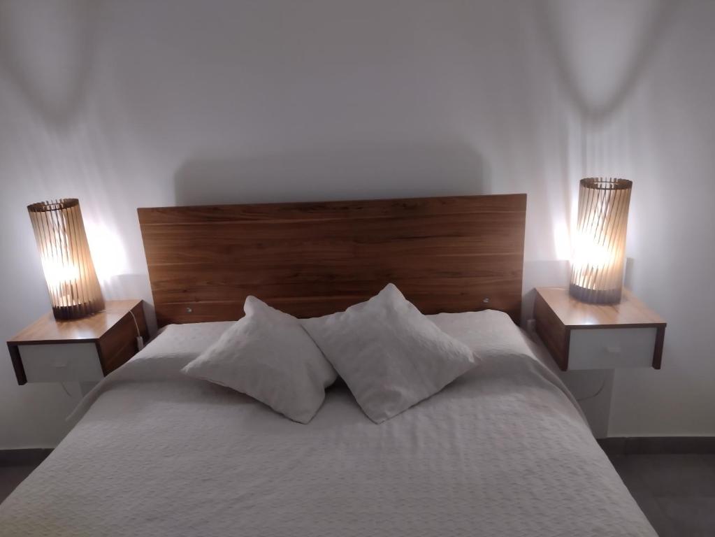 een slaapkamer met een bed met twee lampen erop bij Depto Saladillo in Saladillo
