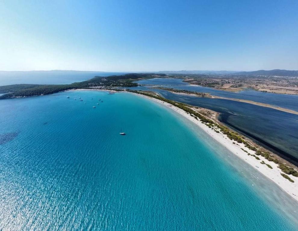 an aerial view of a beach and the ocean at Casa Sonia in Porto Pino