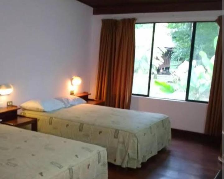 a hotel room with two beds and a large window at Lodge del Abuelo - Divina Montaña in Pucallpa