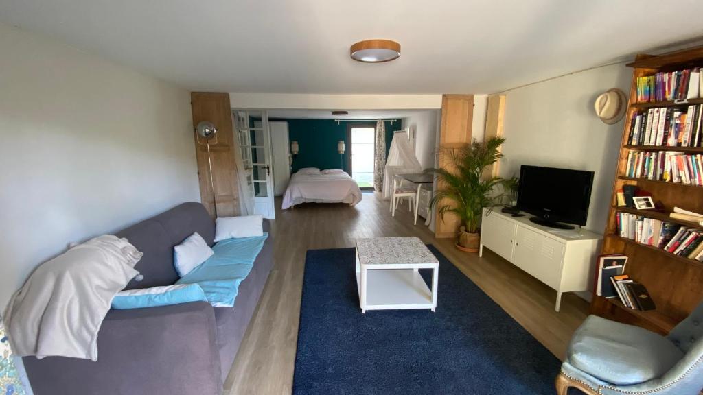 een woonkamer met een bank en een tv bij 30mn de Paris st lazare en train, studio 42 m2 in Verneuil-sur-Seine