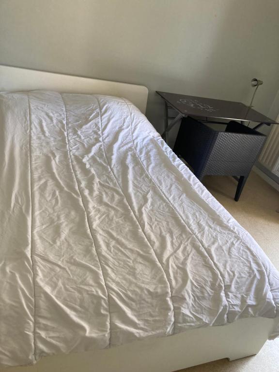 ein Bett mit einem weißen Laken neben einem Schreibtisch in der Unterkunft Chambre chez l&#39;habitant à Lyon Centre in Lyon