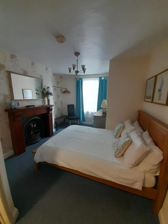 1 dormitorio con 1 cama grande y chimenea en Foss Room en Dartmouth