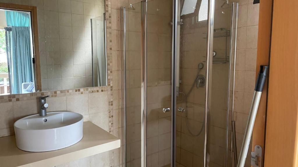 uma casa de banho com um lavatório e uma cabina de duche em vidro. em אושפיז דבורה ועופר em Sha'al