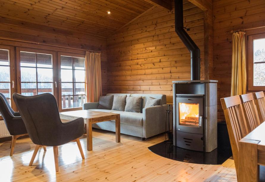 a living room with a couch and a fireplace at Werrapark Resort Ferienhäuser Am Sommerberg in Masserberg