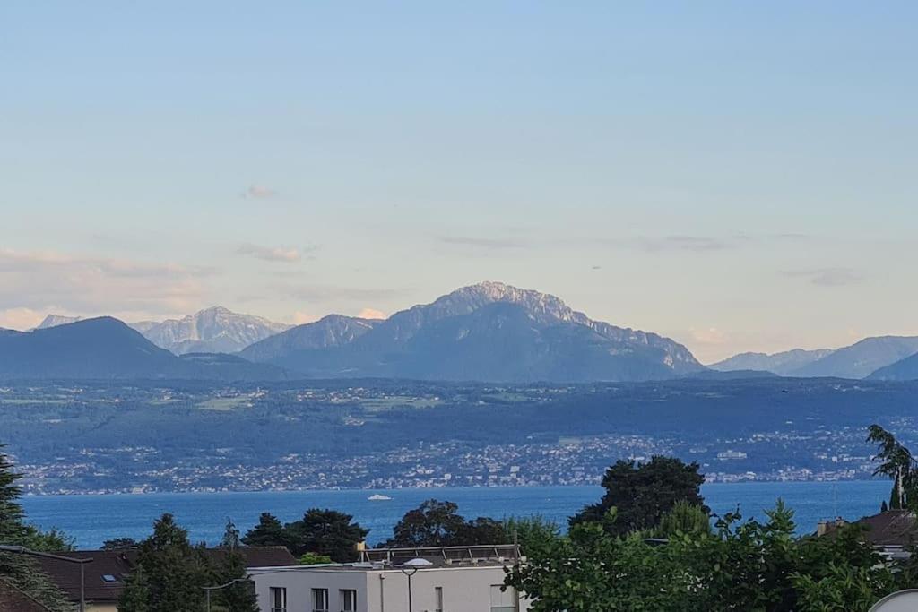 una vista de un gran cuerpo de agua y montañas en Milladon Logement en face de l'EPFL, en Ecublens