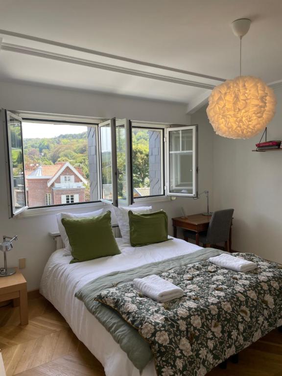 1 dormitorio con 1 cama grande con almohadas verdes en Magnifique appartement à Etretat, en Étretat
