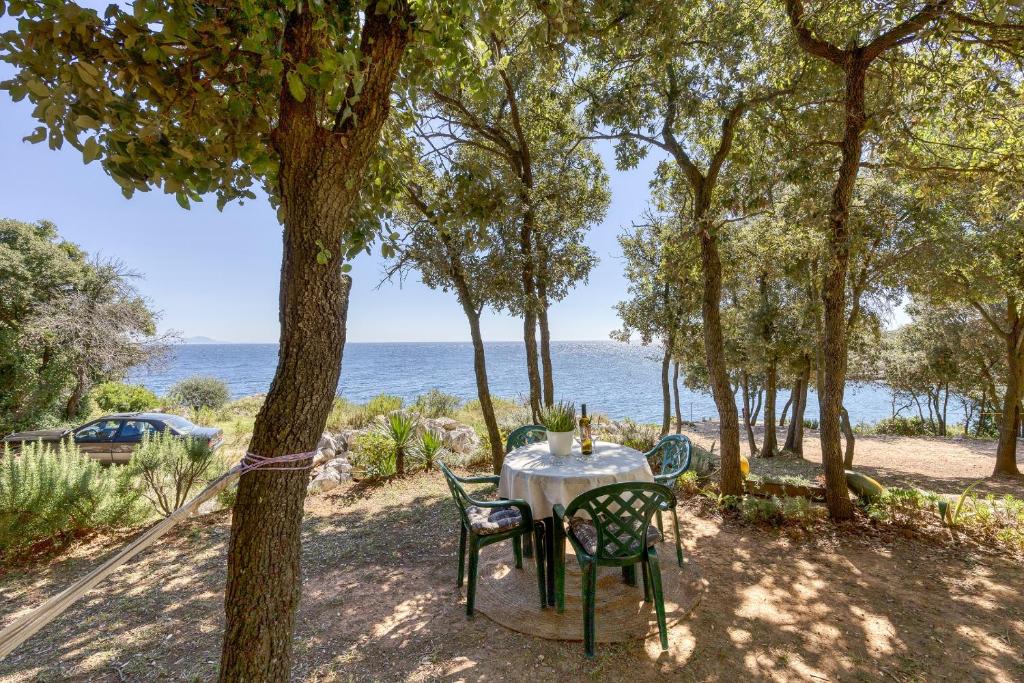 una mesa y sillas sentadas bajo un árbol junto al océano en Cottage on the Kavran Beach, en Kavran