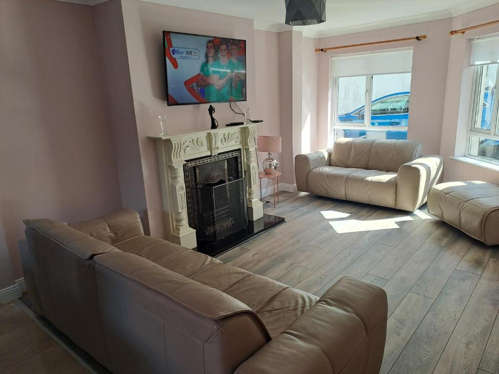 a living room with a couch and a fireplace at 3 Riverwalk, Wicklow Town in Wicklow