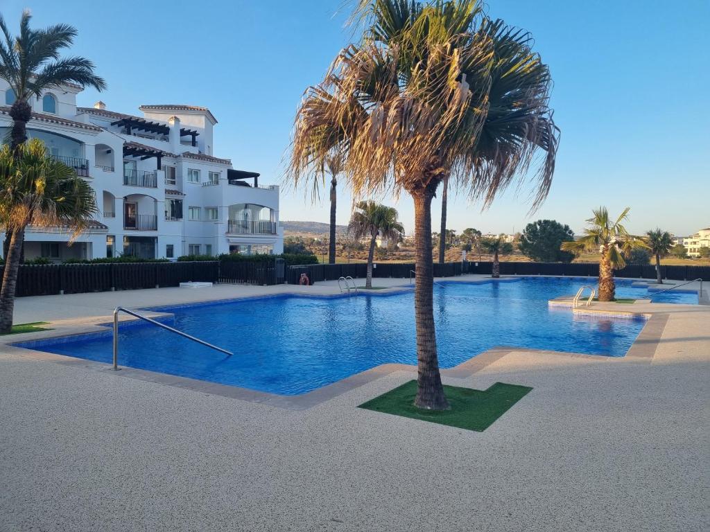 einem Pool mit einer Palme vor einem Gebäude in der Unterkunft 2 chambres à coucher à Sucina in Murcia