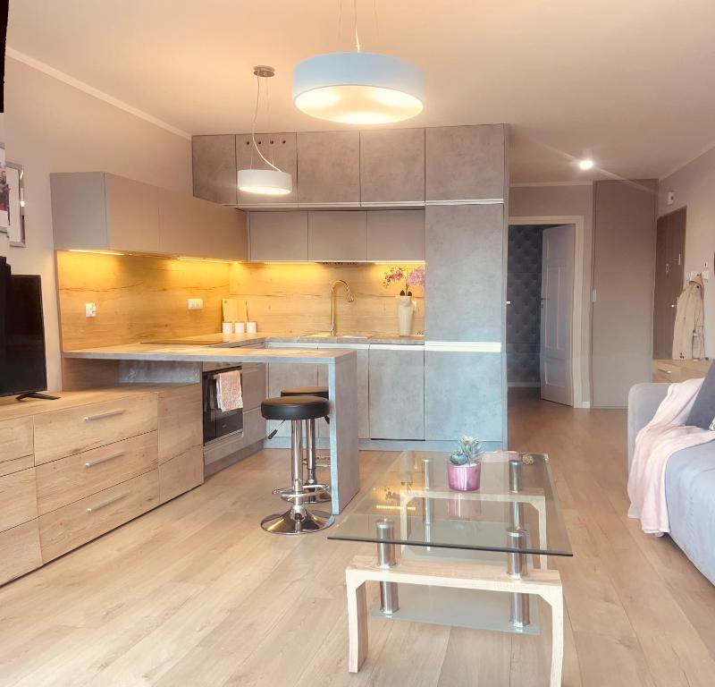 eine Küche und ein Wohnzimmer mit einem Tisch und einem Sofa in der Unterkunft DowntownApartments Carrie in Rzeszów