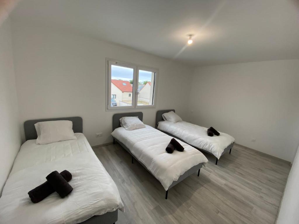 two beds in a room with white walls and a window at Maison moderne in Is-sur-Tille