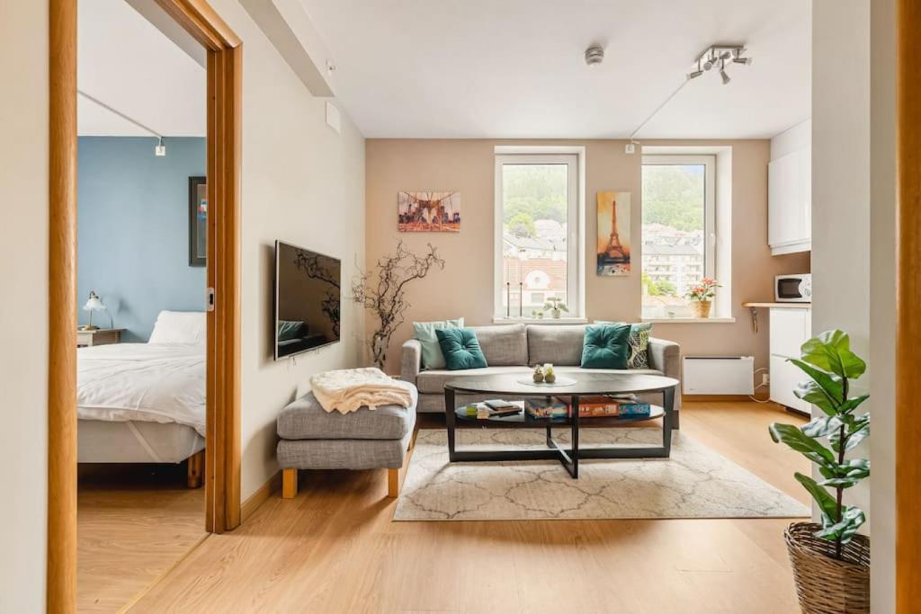 - un salon avec un canapé, un lit et un miroir dans l'établissement Dinbnb Apartments I Roof Terrace & Laundry in Sandviken, à Bergen