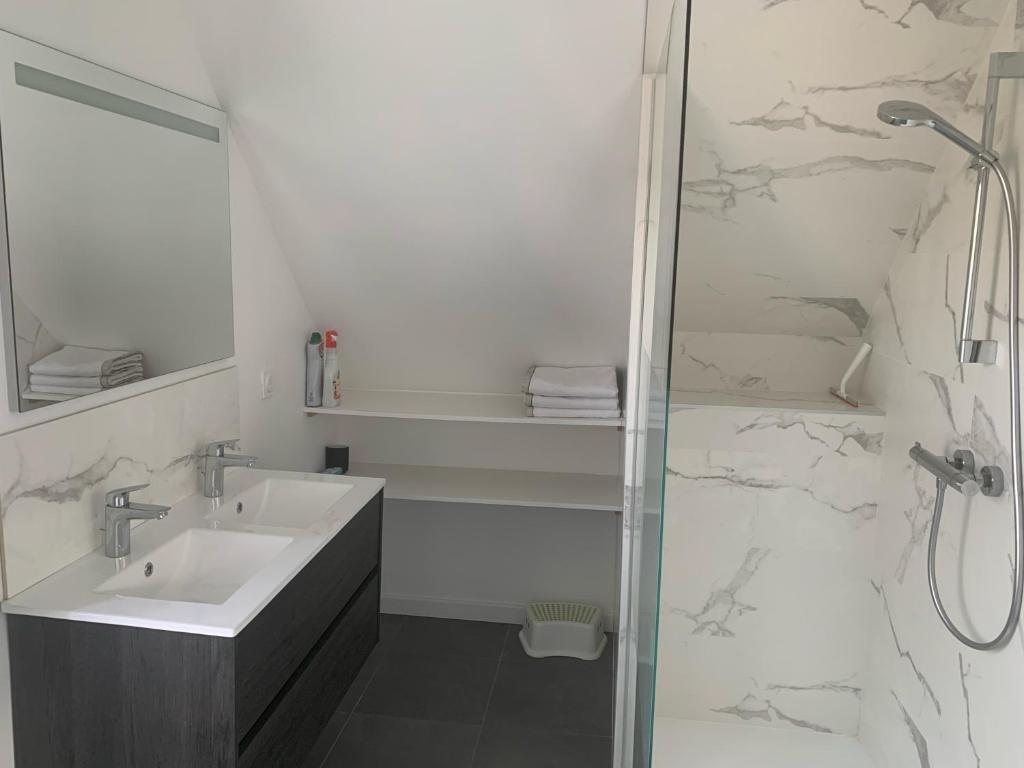 uma casa de banho branca com um lavatório e um chuveiro em Guest house au calme à 900 M de Longchamps em Saint-Lunaire