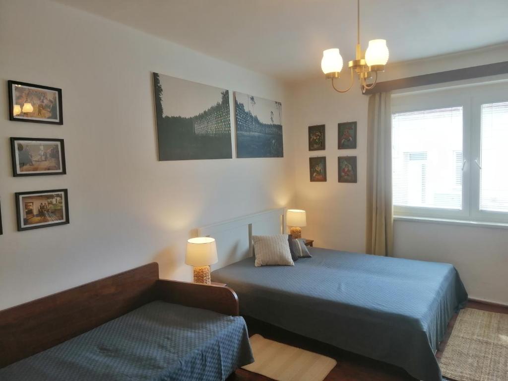 1 dormitorio con 2 camas, sofá y ventana en NaKonci, en Vacenovice
