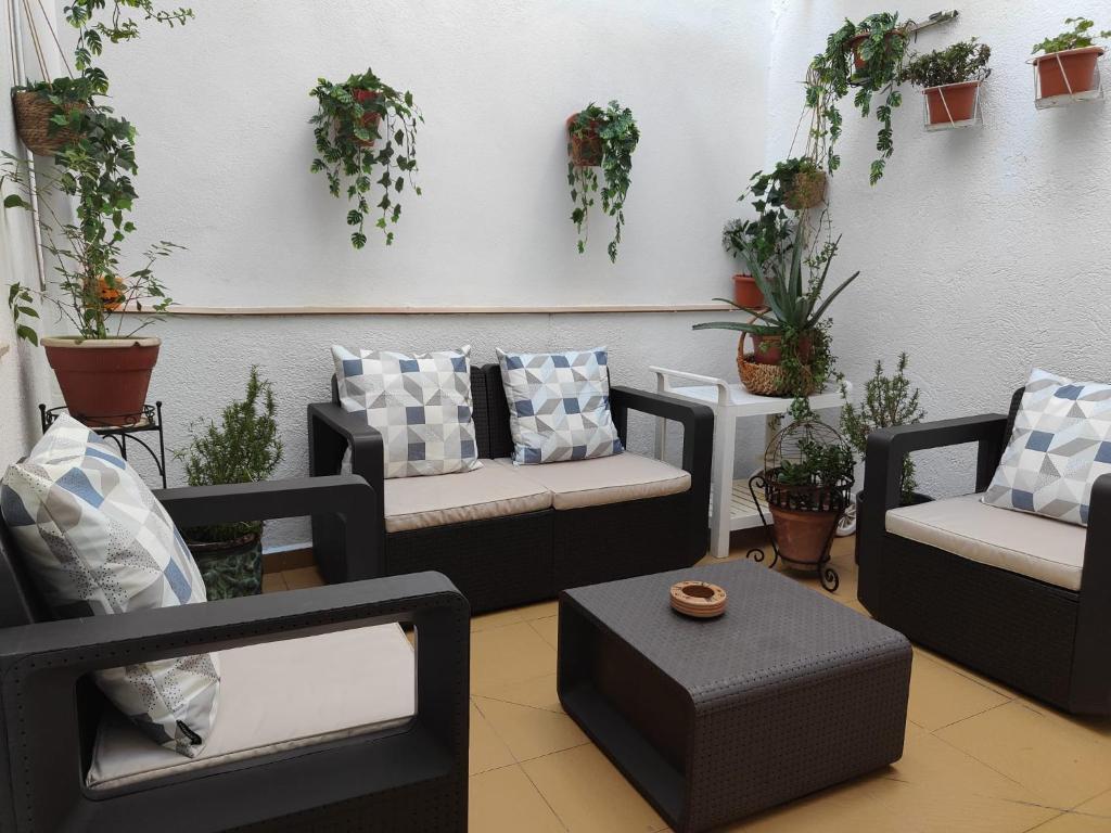 una sala de estar con sofás y plantas en la pared en Apartamento El Rinconcito de Martina, en Jarandilla de la Vera