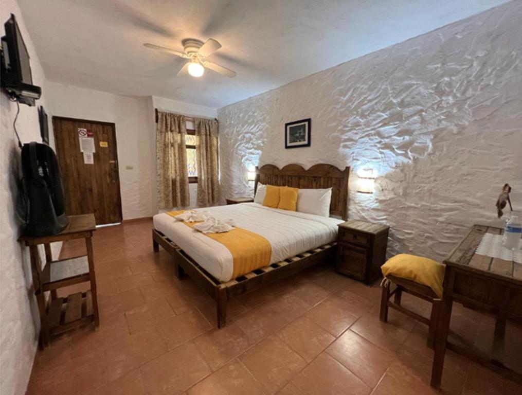 1 dormitorio con 1 cama y TV. en Posada La Querencia, en Xico