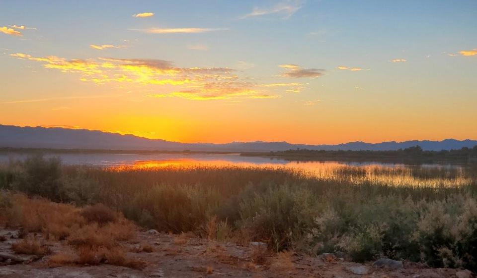 una puesta de sol sobre un cuerpo de agua con montañas en el fondo en A Desert Oasis by the River, en Topock