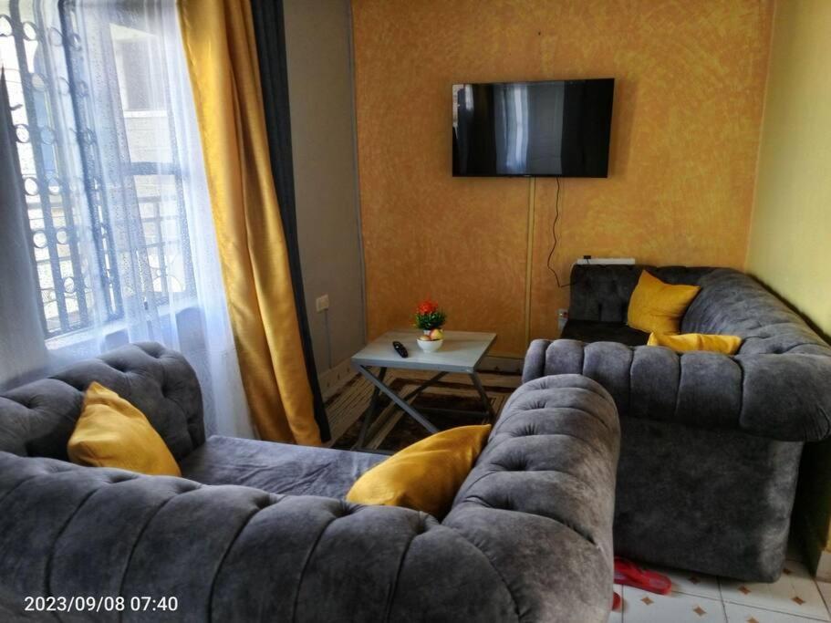 ein Wohnzimmer mit 2 Sofas und einem TV in der Unterkunft Wusiiza Homestay Kisumu in Kisumu