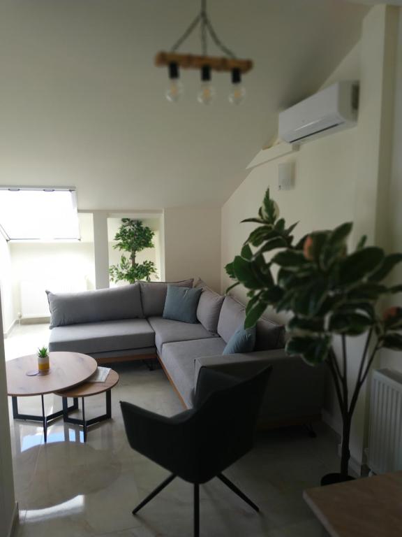 ein Wohnzimmer mit einem Sofa und einem Tisch in der Unterkunft Luxury suite with Olympus and sea view in Litochoro